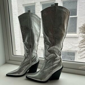 Silver metallic western pointed wedge heeled knee boots